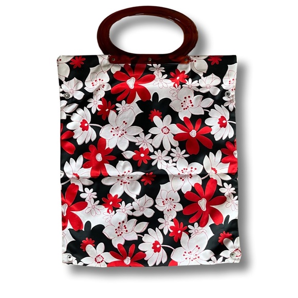 Lady’s Pride Expandable Tote Bag 1960 - 1970 Flower Power Red & White on Black - Picture 1 of 7